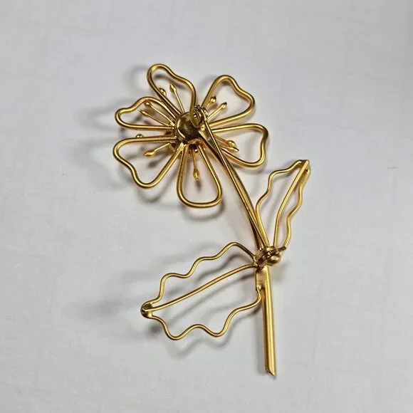 Gold Tone Flower Brooch Open Wire Daisy Mid Century Modernist Statement Vintage - Picture 6 of 10